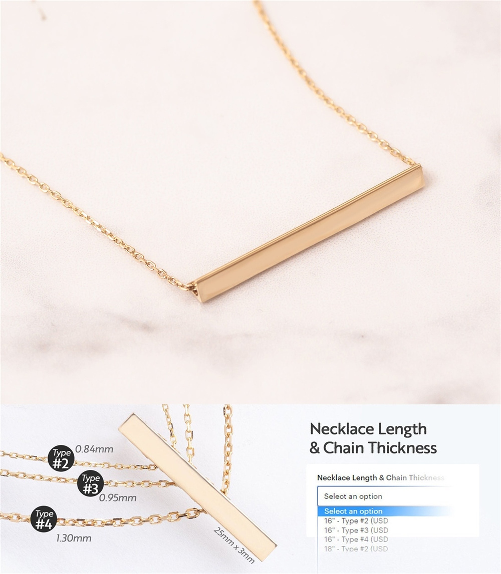 Goldstore-14K Gold Custom Engrave Horizontal Triangle Bar Necklace, Three Sided Custom Name Coordinate Necklace, Triangle Horizontal Bar Gold Necklace