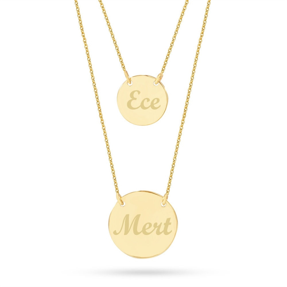 Goldstore-14K Gold Custom Engraved Initial Medallion Layering Necklace, Double Row Chain Engraved Name Medallion Necklace is a Great Gift For Her.