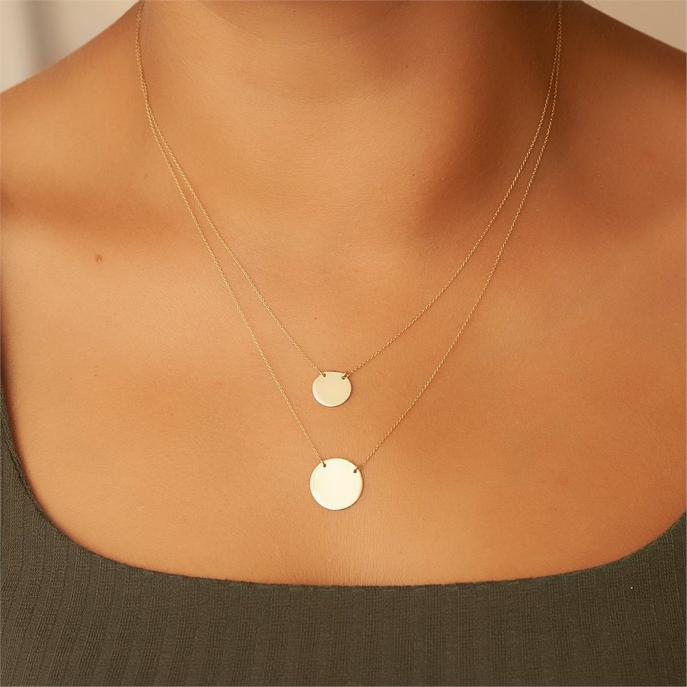 Goldstore-14K Gold Custom Engraved Initial Medallion Layering Necklace, Double Row Chain Engraved Name Medallion Necklace is a Great Gift For Her.