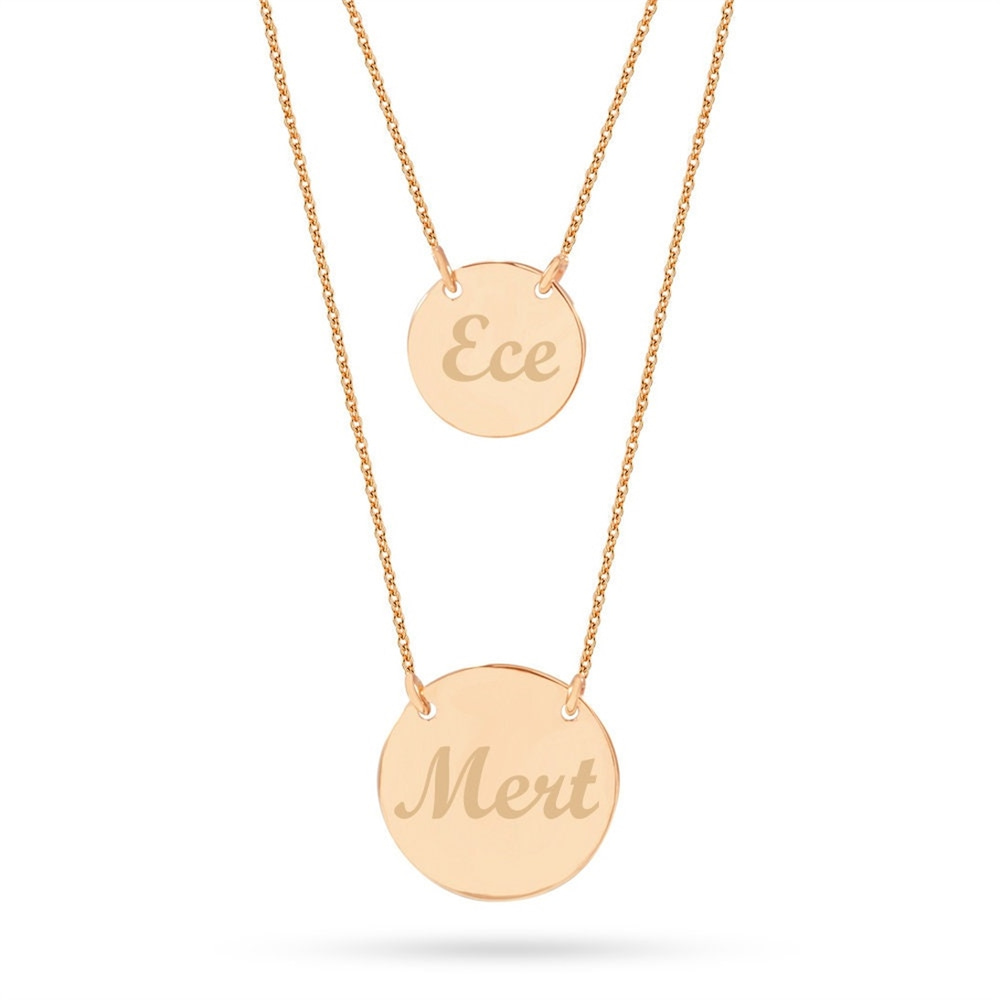Goldstore-14K Gold Custom Engraved Initial Medallion Layering Necklace, Double Row Chain Engraved Name Medallion Necklace is a Great Gift For Her.
