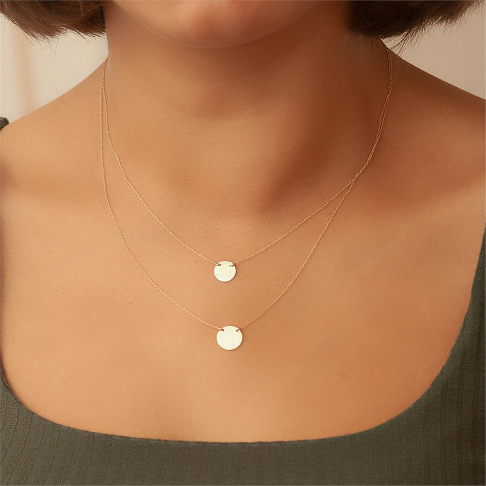 Goldstore-14K Gold Custom Initial Layering Medallion Necklace, Personalized Initial Layering Gold Necklace is a Great Gift For Her. Christmas Gift