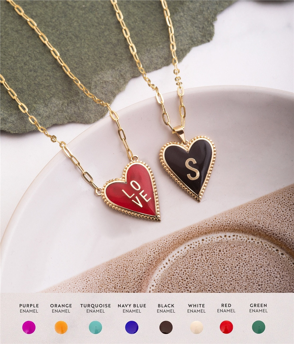 Goldstore-14K Gold Custom Letter Enamel Heart Pendant Necklace, Dainty Small Long Link Chain Necklace, Personalize Heart Initial Pendant Gift For Her