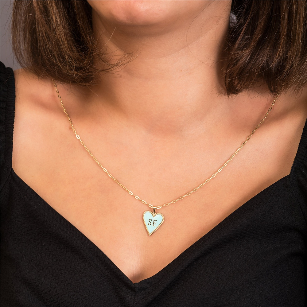 Goldstore-14K Gold Custom Letter Enamel Heart Pendant Necklace, Dainty Small Long Link Chain Necklace, Personalize Heart Initial Pendant Gift For Her