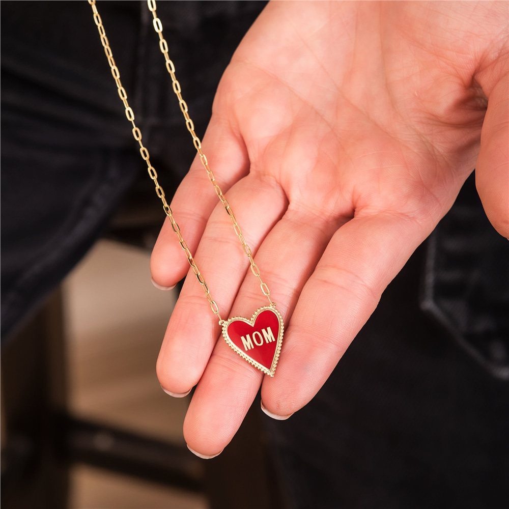 Goldstore-14K Gold Custom Letter Enamel Heart Pendant Necklace, Dainty Small Long Link Chain Necklace, Personalize Heart Initial Pendant Gift For Her