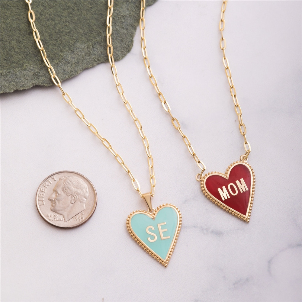 Goldstore-14K Gold Custom Letter Enamel Heart Pendant Necklace, Dainty Small Long Link Chain Necklace, Personalize Heart Initial Pendant Gift For Her