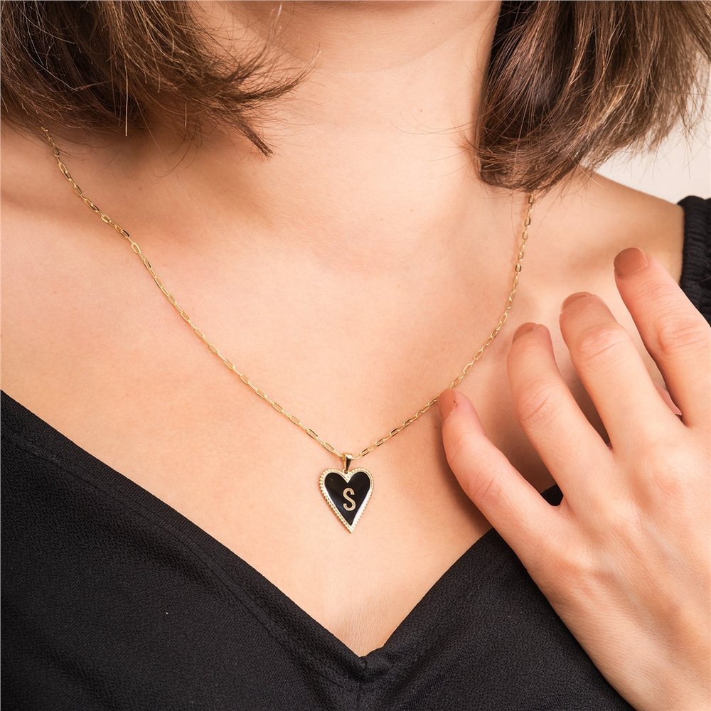 Goldstore-14K Gold Custom Letter Enamel Heart Pendant Necklace, Dainty Small Long Link Chain Necklace, Personalize Heart Initial Pendant Gift For Her