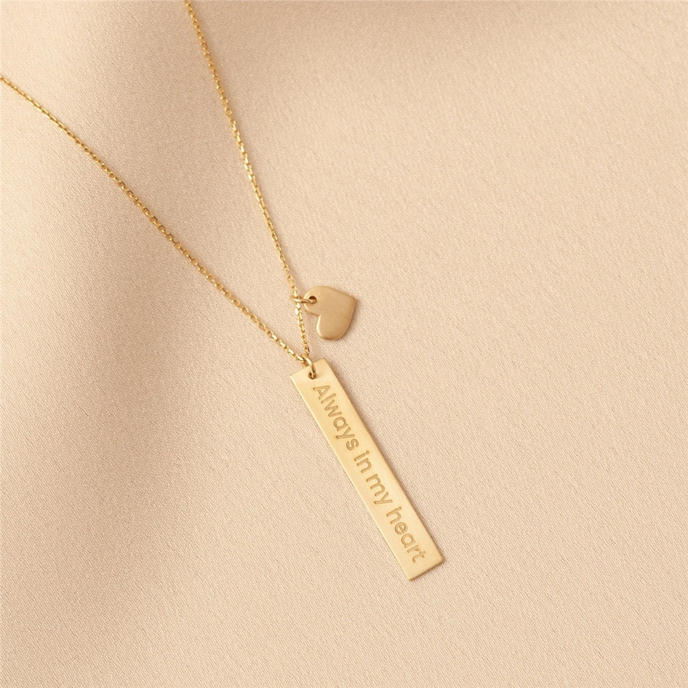 Goldstore-14K Gold Custom Name Vertical 3 cm Bar Pendant Necklace, Personalized Solid Gold Pendant & Heart Charm Great Gift For Her. Valentine's Gift