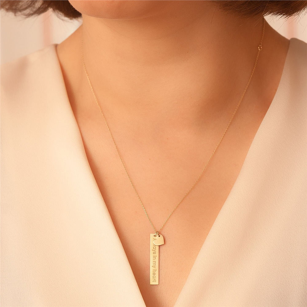 Goldstore-14K Gold Custom Name Vertical 3 cm Bar Pendant Necklace, Personalized Solid Gold Pendant & Heart Charm Great Gift For Her. Valentine's Gift