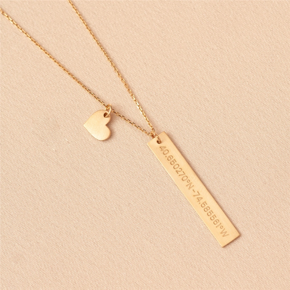 Goldstore-14K Gold Custom Name Vertical 3 cm Bar Pendant Necklace, Personalized Solid Gold Pendant & Heart Charm Great Gift For Her. Valentine's Gift