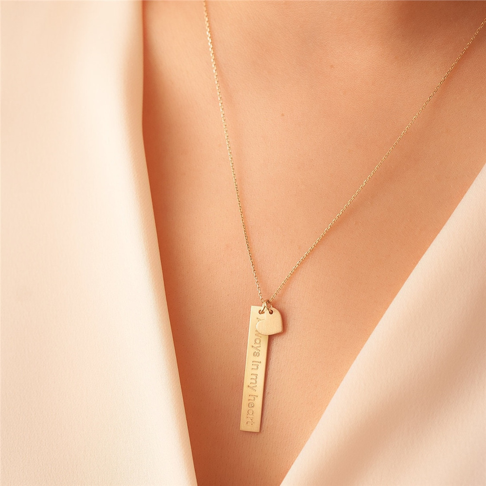 Goldstore-14K Gold Custom Name Vertical 3 cm Bar Pendant Necklace, Personalized Solid Gold Pendant & Heart Charm Great Gift For Her. Valentine's Gift