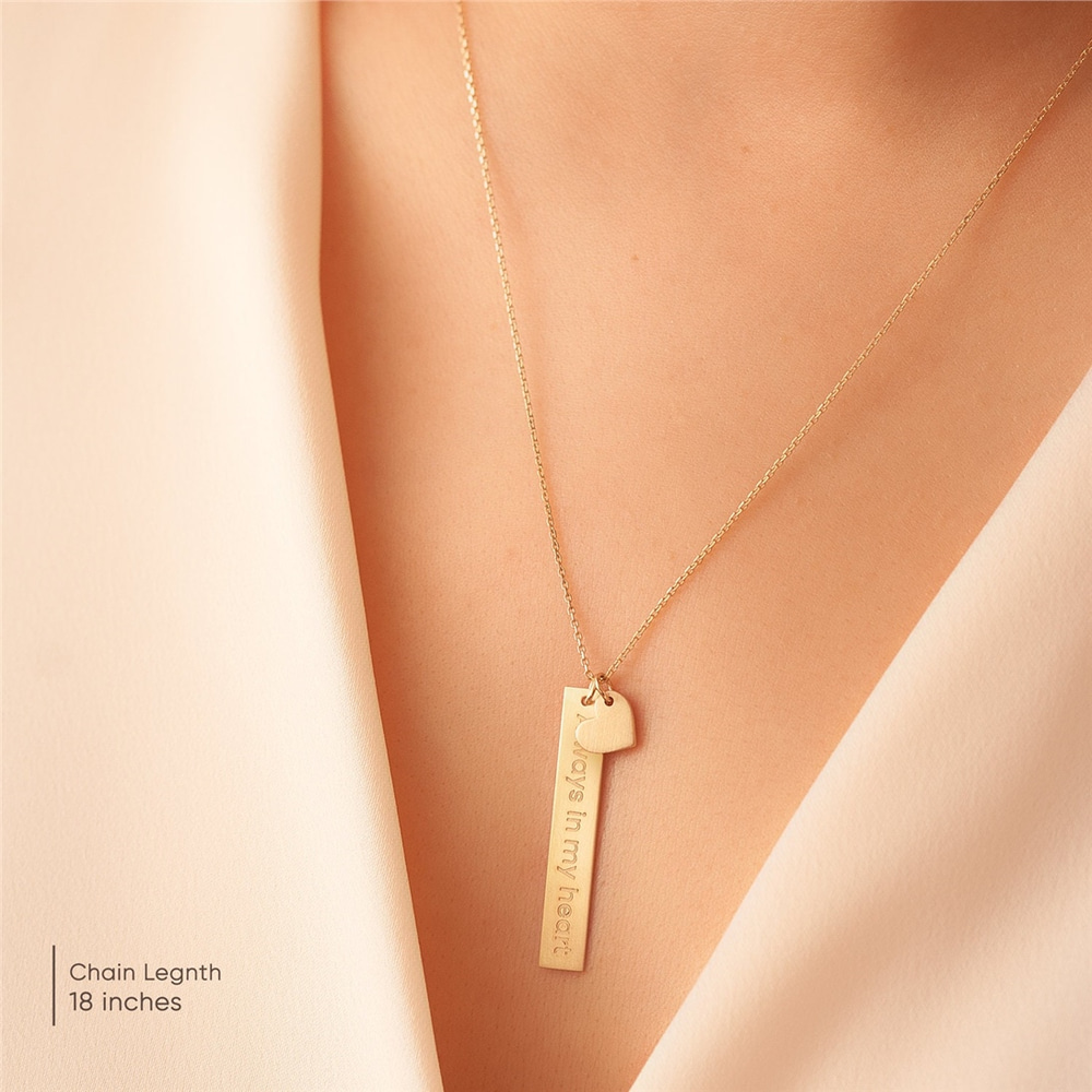 Goldstore-14K Gold Custom Name Vertical 3 cm Bar Pendant Necklace, Personalized Solid Gold Pendant & Heart Charm Great Gift For Her. Valentine's Gift