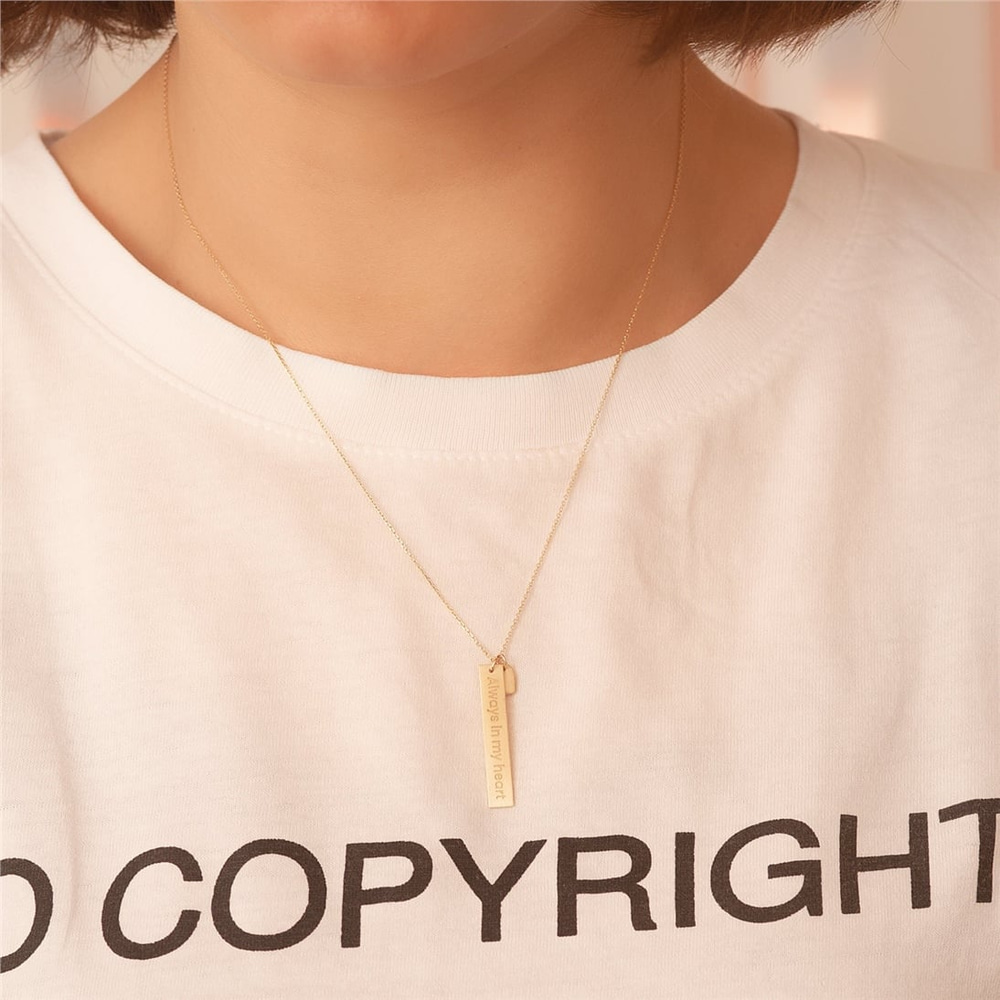 Goldstore-14K Gold Custom Name Vertical 3 cm Bar Pendant Necklace, Personalized Solid Gold Pendant & Heart Charm Great Gift For Her. Valentine's Gift