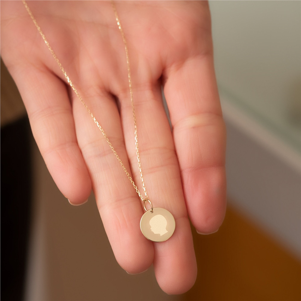 Goldstore-14k Gold Custom Silhouette Disk Necklace, My Mom Dad Child Custom Engrave Silhouette Gold Pendant, Multi Disc Silhouette Charm Gift for Her