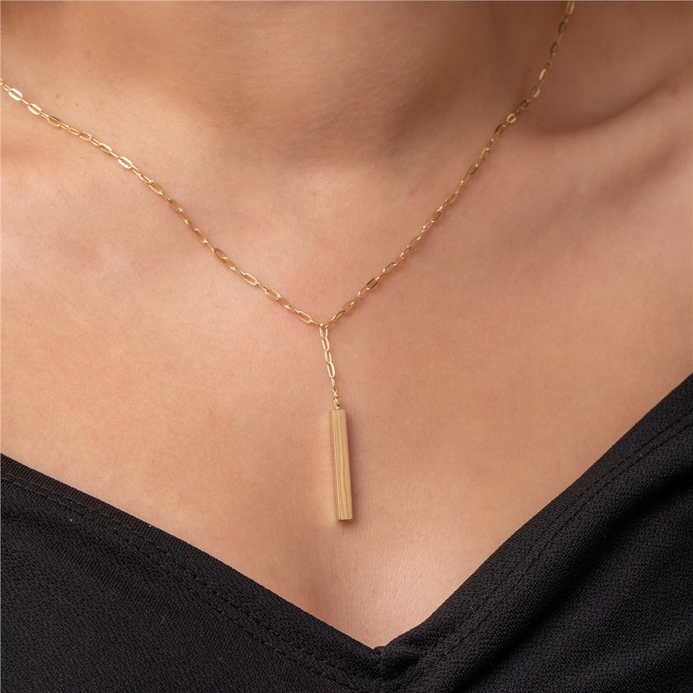 Goldstore-14K Gold Custom Vertical Cremation Urn Bar Pendant, Four Side Engraved Memorial Necklace, Paperclip Chain Funeral Keepsake Ash Holder