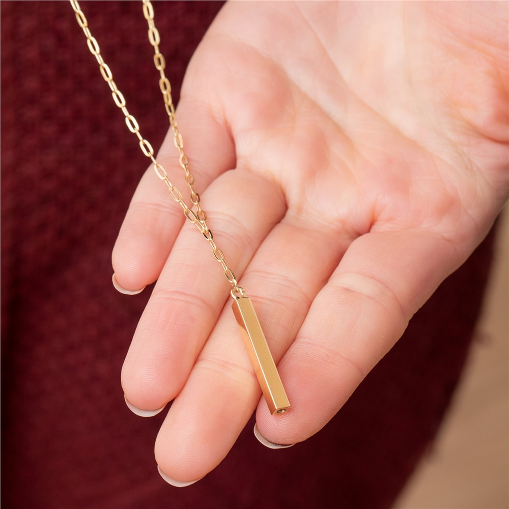 Goldstore-14K Gold Custom Vertical Cremation Urn Bar Pendant, Four Side Engraved Memorial Necklace, Paperclip Chain Funeral Keepsake Ash Holder