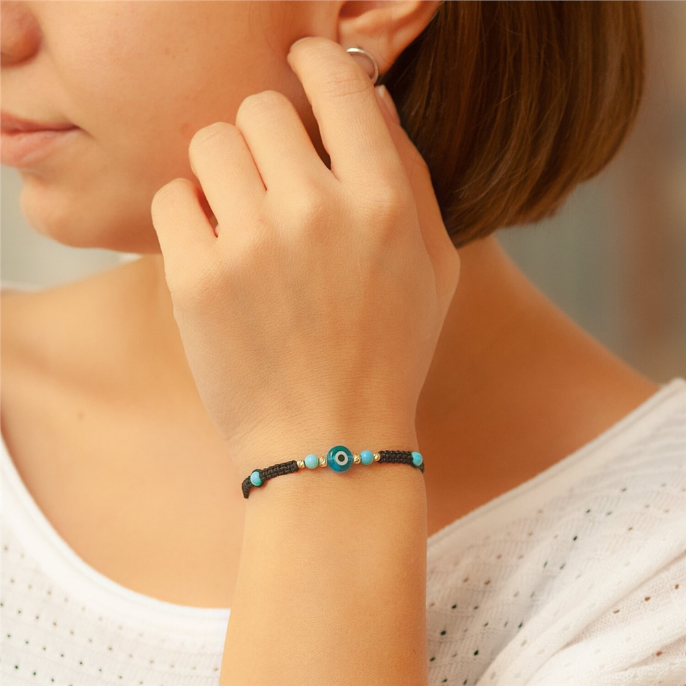 Goldstore-14k Gold Dainty Evil Eye Bracelet, Evil Eye Solid Gold Balls Rope Bracelet, Evil Eye and Gold and Turquoise Balls Bracelet, Bridesmaid Gift