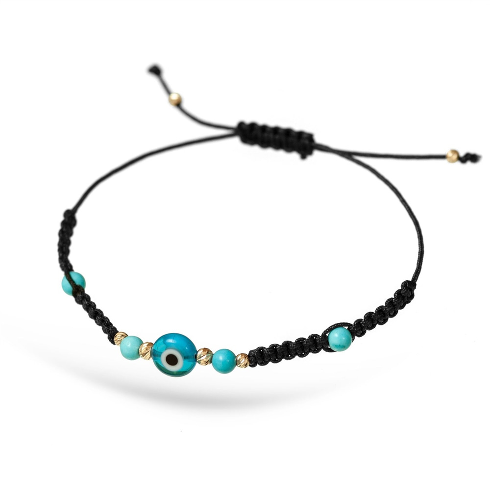 Goldstore-14k Gold Dainty Evil Eye Bracelet, Evil Eye Solid Gold Balls Rope Bracelet, Evil Eye and Gold and Turquoise Balls Bracelet, Bridesmaid Gift