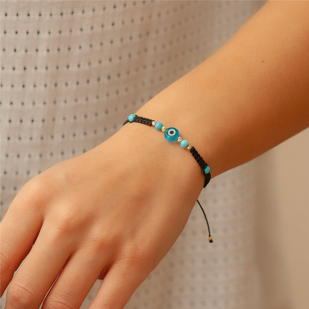 Goldstore-14k Gold Dainty Evil Eye Bracelet, Evil Eye Solid Gold Balls Rope Bracelet, Evil Eye and Gold and Turquoise Balls Bracelet, Bridesmaid Gift