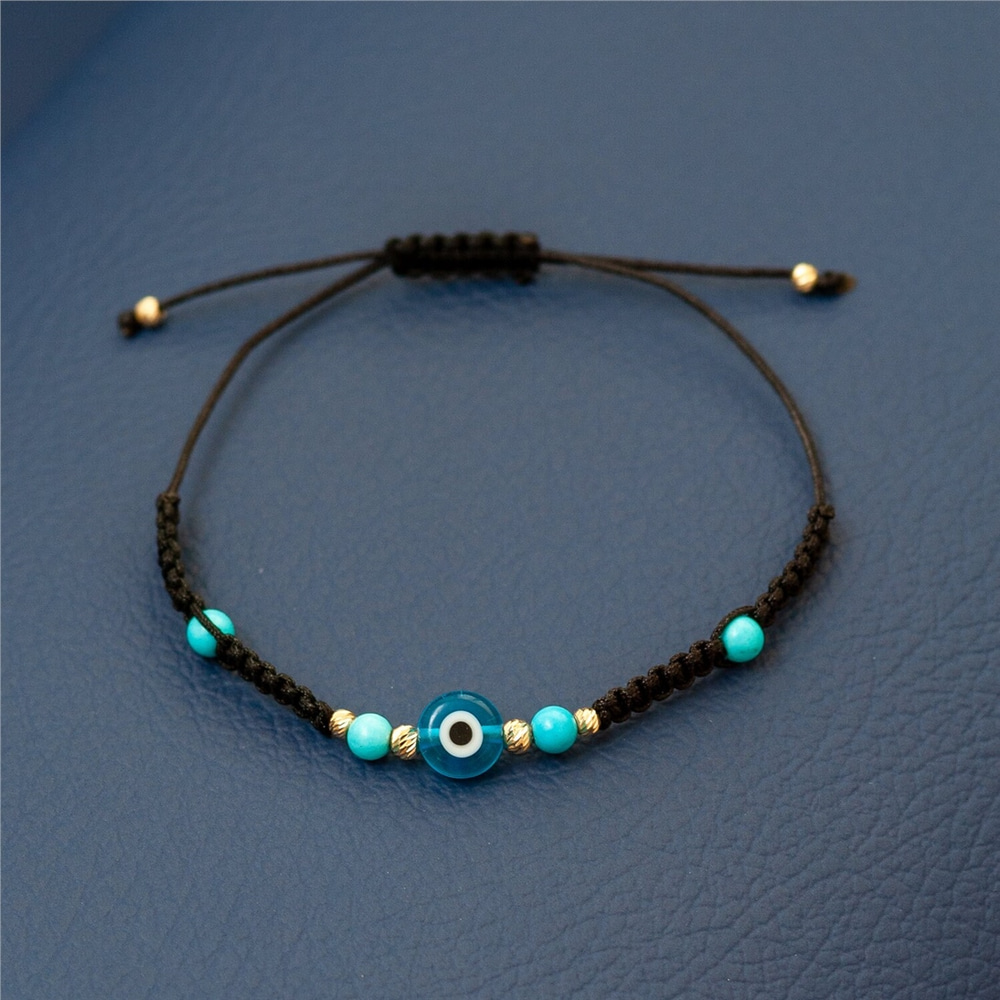 Goldstore-14k Gold Dainty Evil Eye Bracelet, Evil Eye Solid Gold Balls Rope Bracelet, Evil Eye and Gold and Turquoise Balls Bracelet, Bridesmaid Gift
