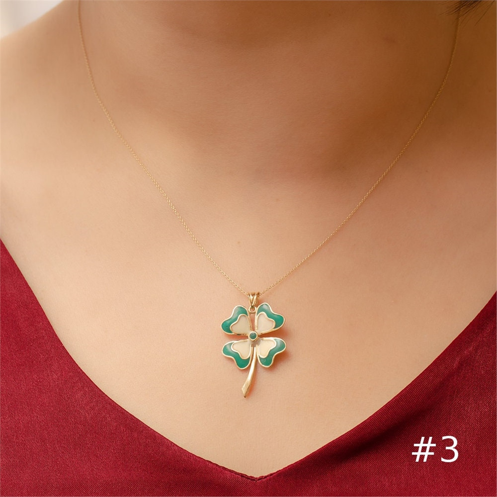 Goldstore-14k Gold Enamel 4 Leaf Clover Pendant, Solid Gold Colorful Enamel 4 Leaf Clover Pendant, Four Leaf Clover Pendant, Clover Lucky Necklace