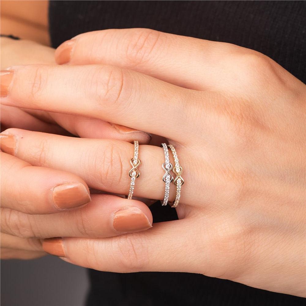 Goldstore-14K Gold Eternity Engagement Ring, Dainty Gold Eternity Wedding Ring, Delicate Genuine Diamond & CZ Stacking Ring, Perfect Gift For Her
