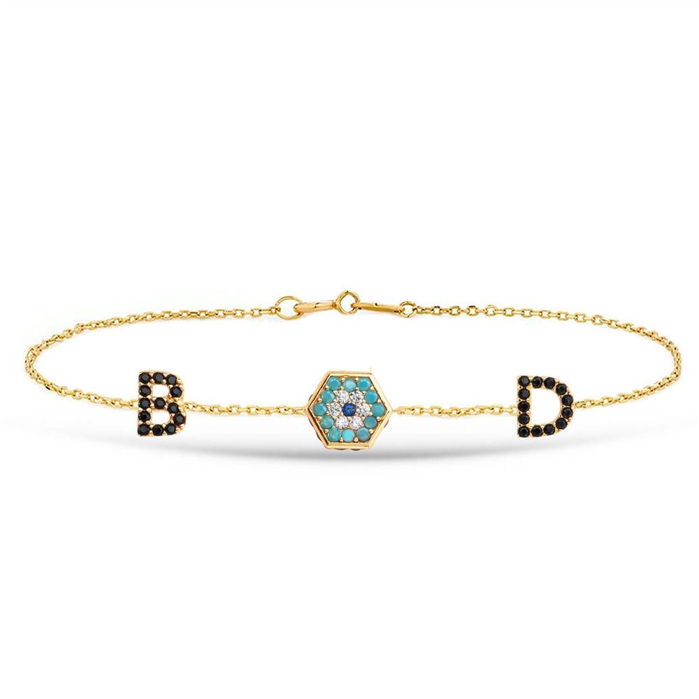 Goldstore-14k Gold Evil Eye and Personalized 2 Initials Bracelet, Dainty Gold Blue Eye and Custom Letters Gold Chain Bracelet is a Great Gift For Her.