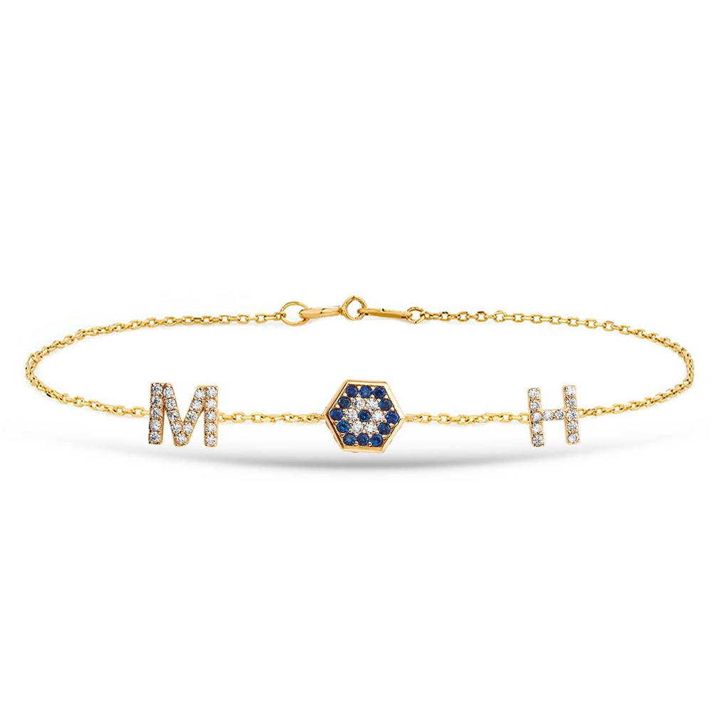 Goldstore-14k Gold Evil Eye and Personalized 2 Initials Bracelet, Dainty Gold Blue Eye and Custom Letters Gold Chain Bracelet is a Great Gift For Her.