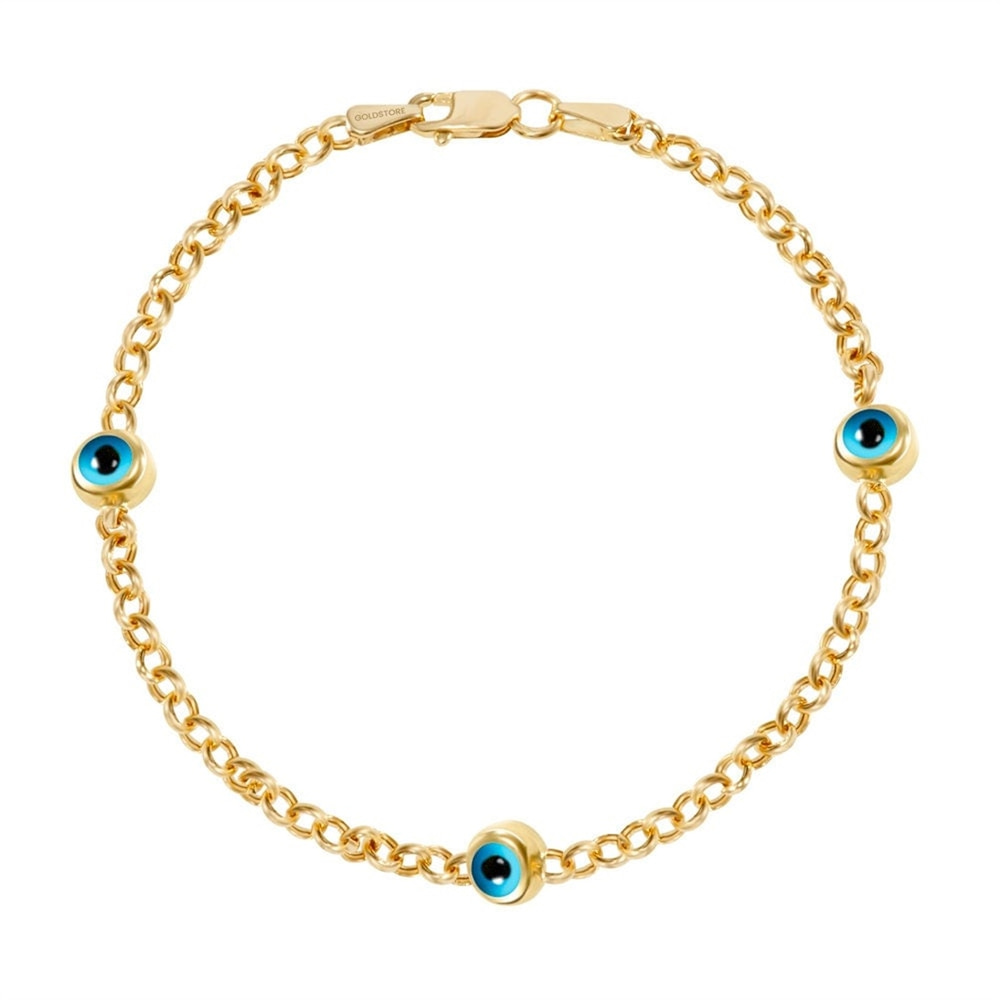 Goldstore-14k Gold Evil Eye Bracelet, Evil Eye Rolo Chain Solid Gold Bracelet, 1 2 3 4 5 Blue Eyes Real Gold Eye Station Bracelet a Great Gift For Her
