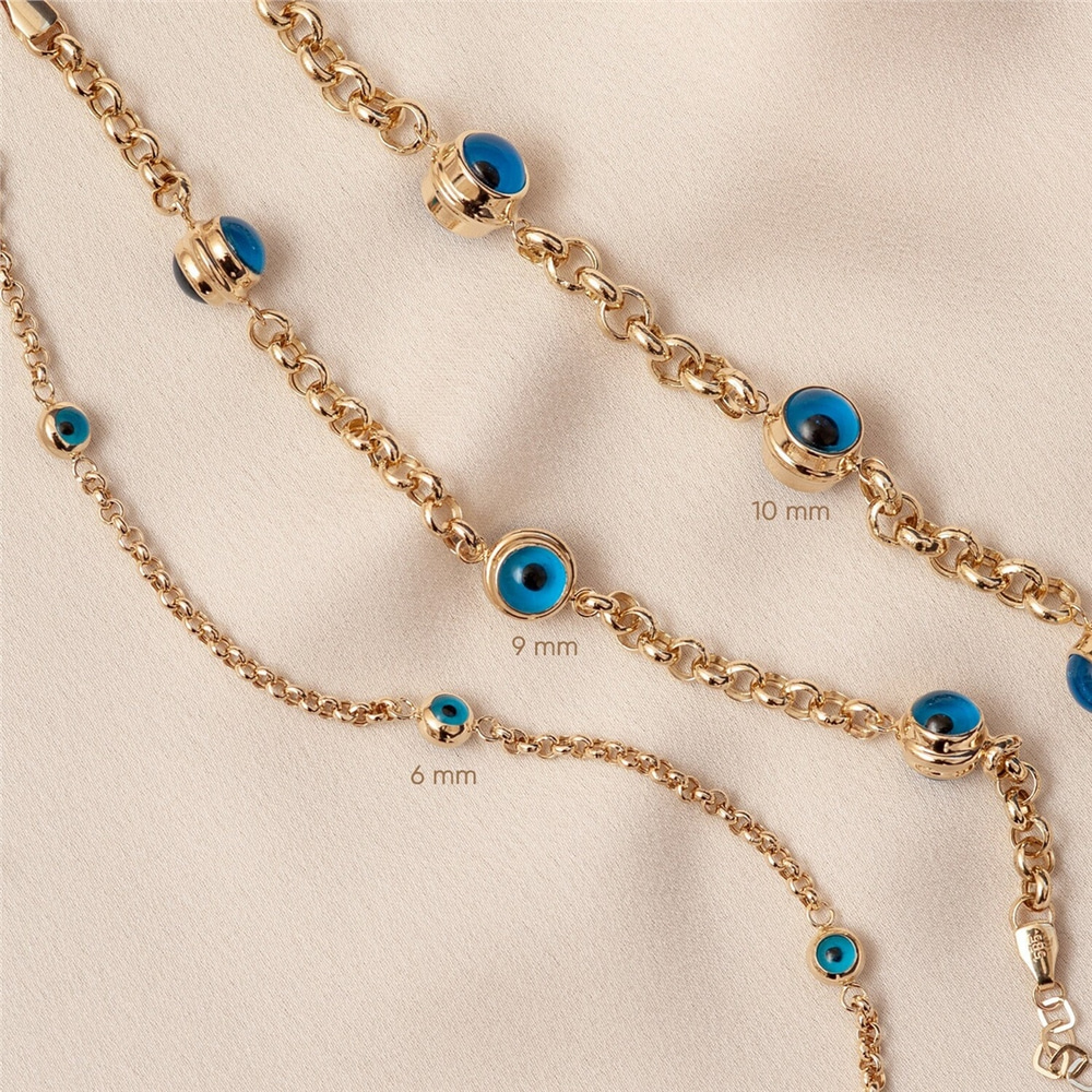 Goldstore-14k Gold Evil Eye Bracelet, Evil Eye Rolo Chain Solid Gold Bracelet, 1 2 3 4 5 Blue Eyes Real Gold Eye Station Bracelet a Great Gift For Her