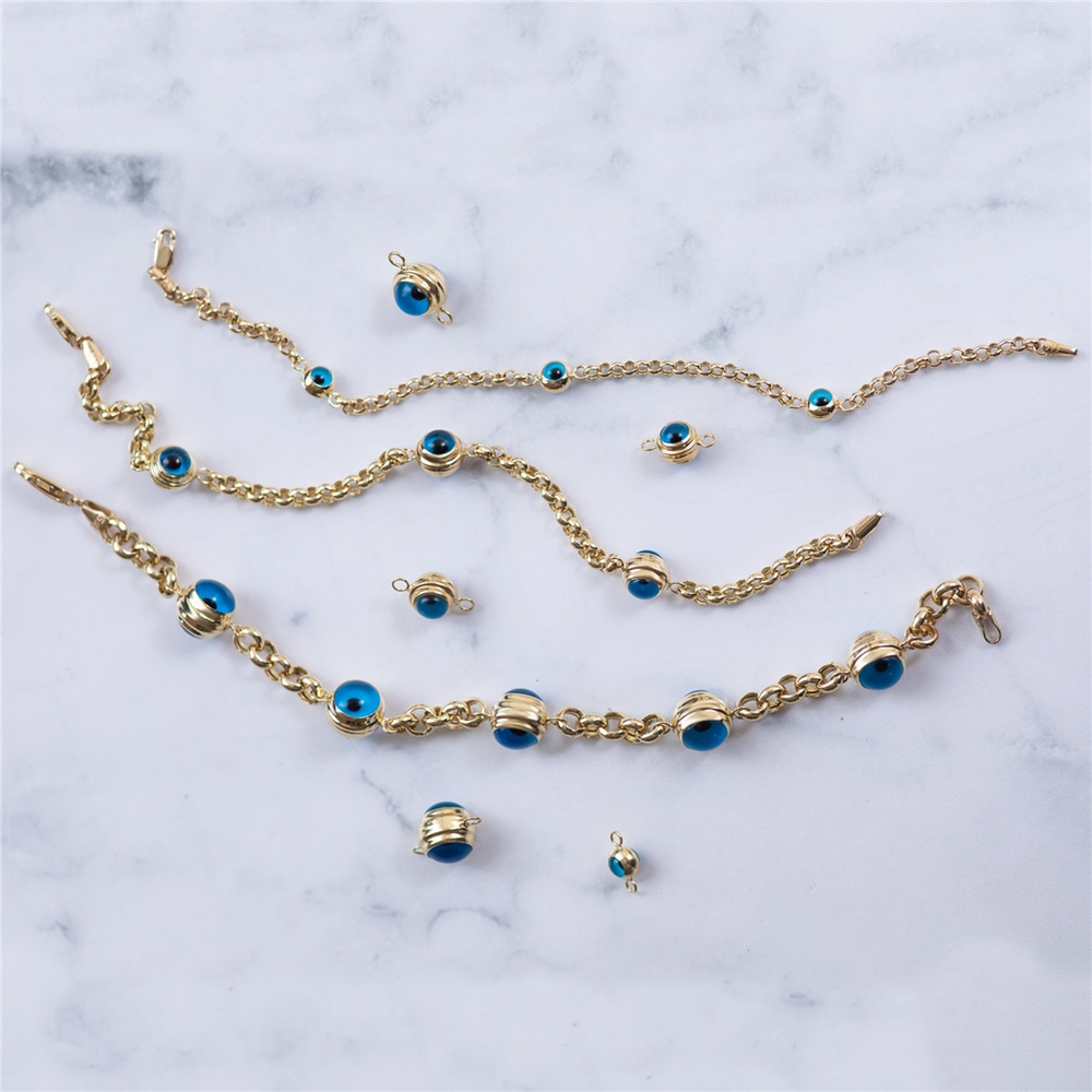 Goldstore-14k Gold Evil Eye Bracelet, Evil Eye Rolo Chain Solid Gold Bracelet, 1 2 3 4 5 Blue Eyes Real Gold Eye Station Bracelet a Great Gift For Her