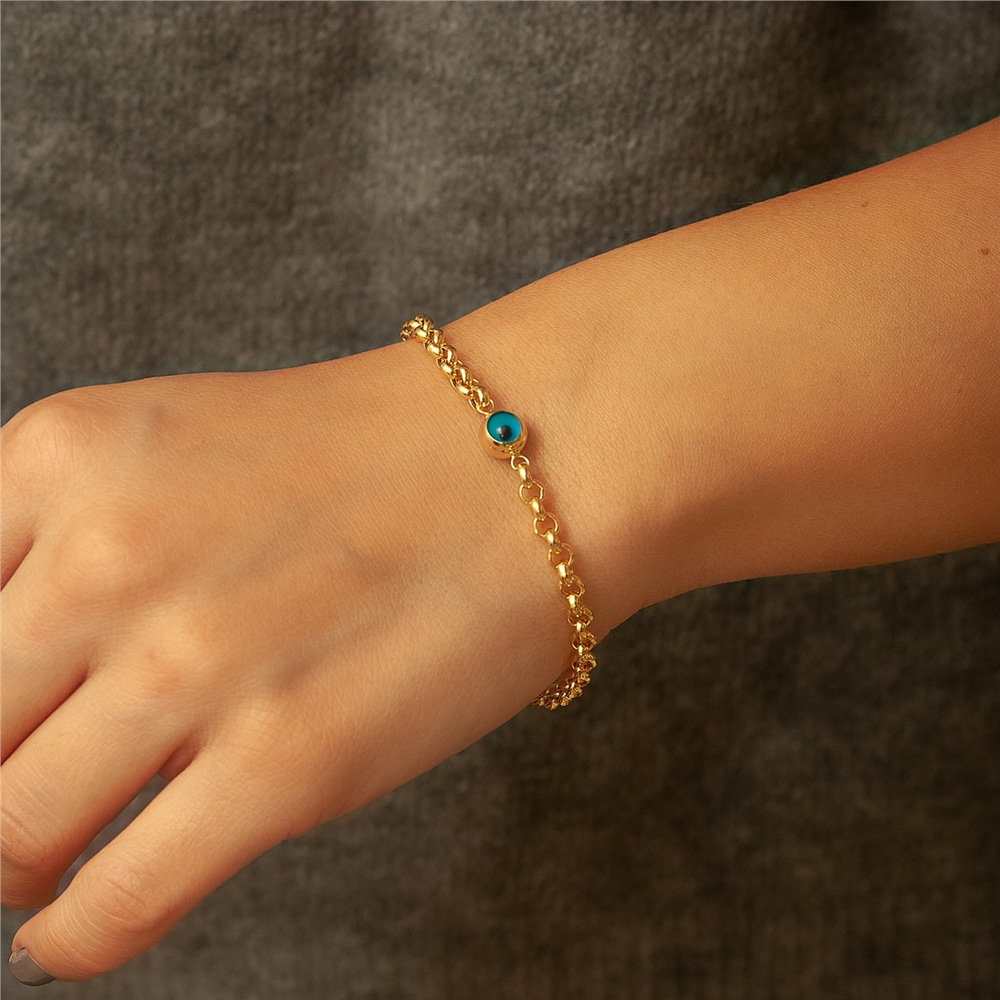 Goldstore-14k Gold Evil Eye Bracelet, Evil Eye Rolo Chain Solid Gold Bracelet, 1 2 3 4 5 Blue Eyes Real Gold Eye Station Bracelet a Great Gift For Her