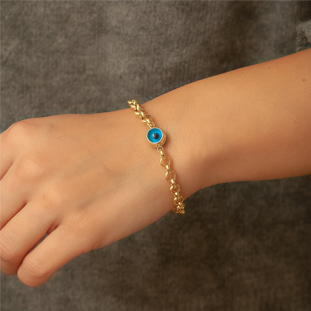 Goldstore-14k Gold Evil Eye Bracelet, Evil Eye Rolo Chain Solid Gold Bracelet, 1 2 3 4 5 Blue Eyes Real Gold Eye Station Bracelet a Great Gift For Her