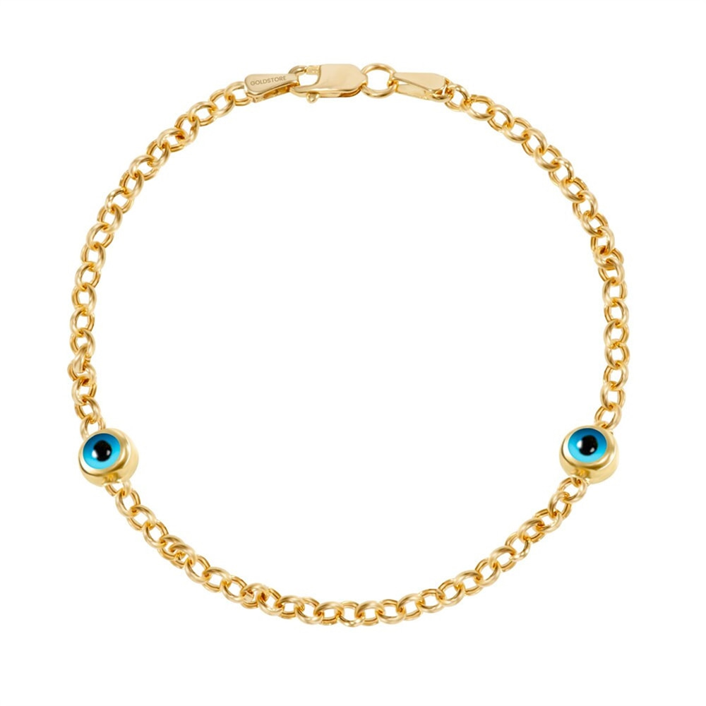 Goldstore-14k Gold Evil Eye Bracelet, Evil Eye Rolo Chain Solid Gold Bracelet, 1 2 3 4 5 Blue Eyes Real Gold Eye Station Bracelet a Great Gift For Her