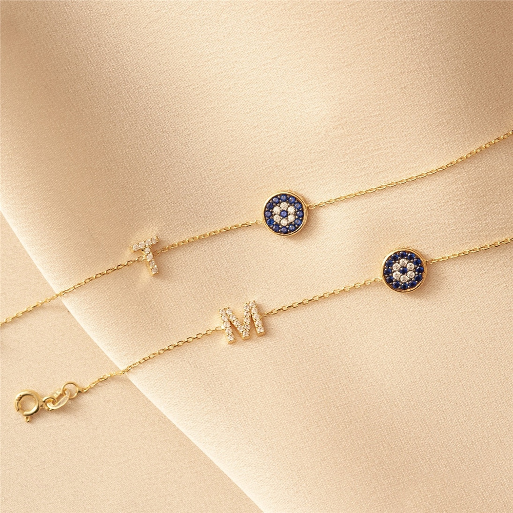 Goldstore-14k Gold Eye Personalized 1 or 2 Letters Bracelet, Blue Eye Custom Letters Gold Chain Bracelet, Dainty Initial & Evil Eye Gold Bracelet.