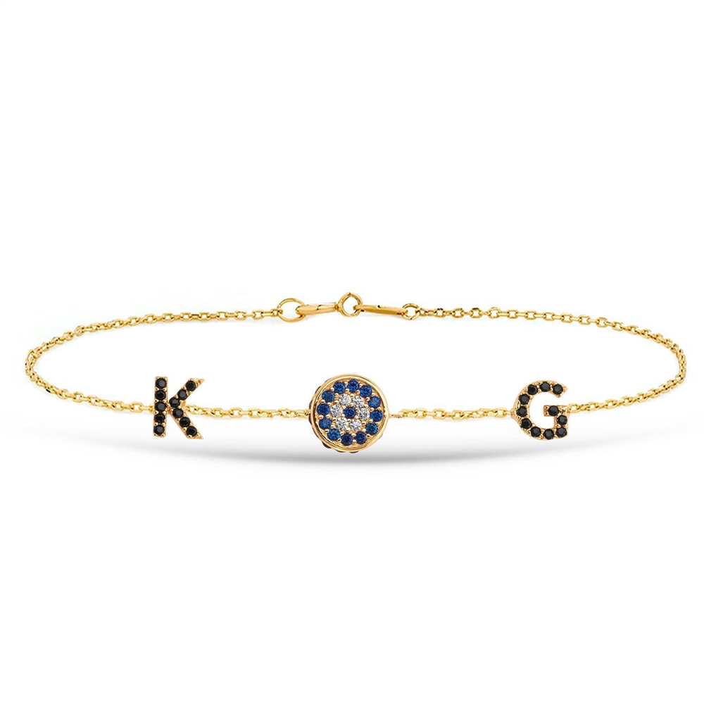 Goldstore-14k Gold Eye Personalized 1 or 2 Letters Bracelet, Blue Eye Custom Letters Gold Chain Bracelet, Dainty Initial & Evil Eye Gold Bracelet.