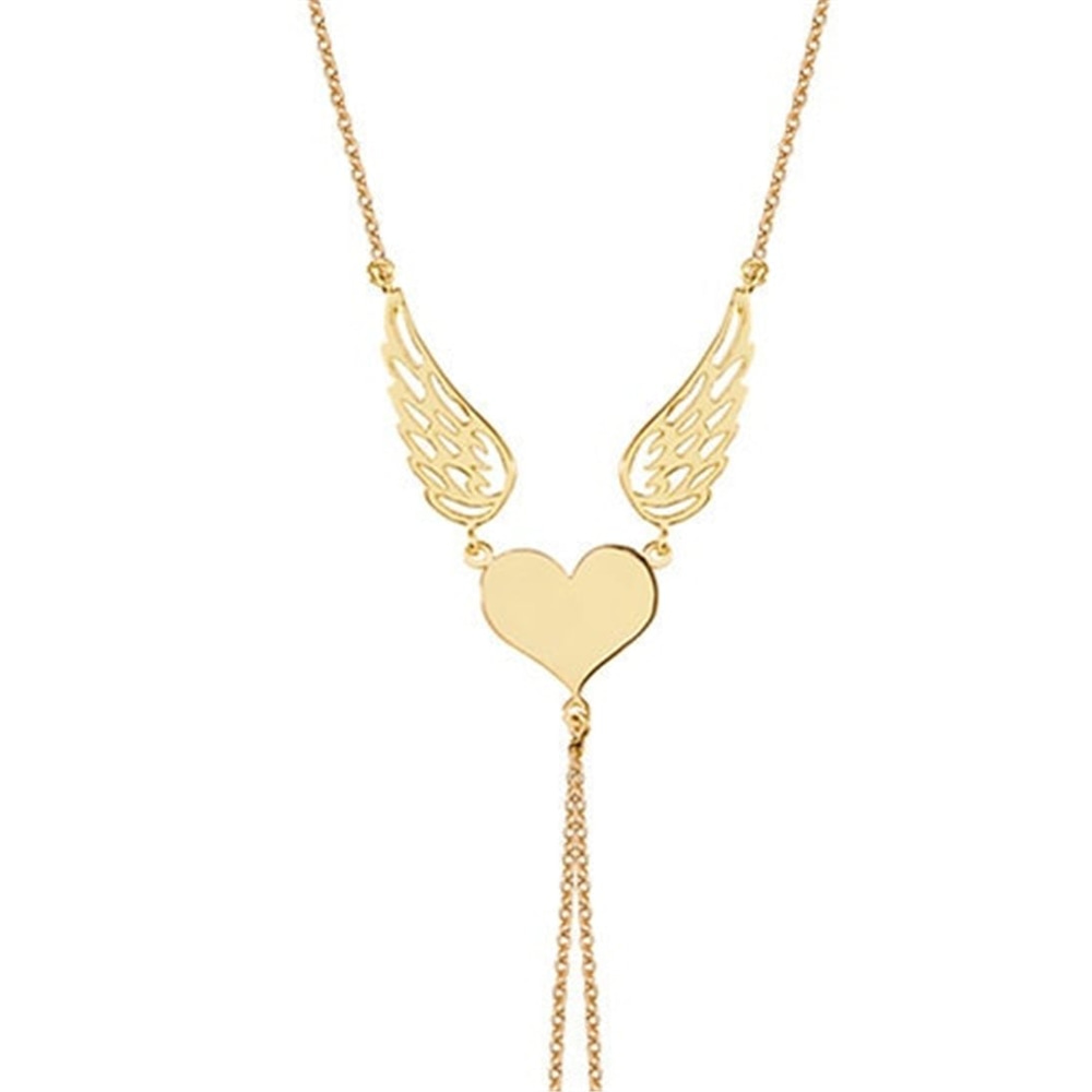 Goldstore-14K Gold Heart and Angel Wings Chain Ring Bracelet, Dainty Angel Wings Slave Bracelet is a Great Gift For Her. Sahmeran Bracelet