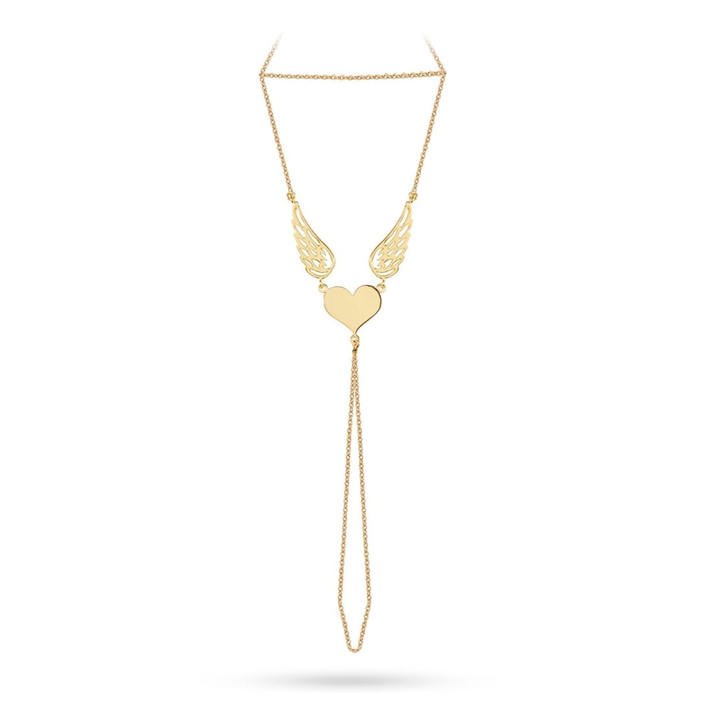 Goldstore-14K Gold Heart and Angel Wings Chain Ring Bracelet, Dainty Angel Wings Slave Bracelet is a Great Gift For Her. Sahmeran Bracelet
