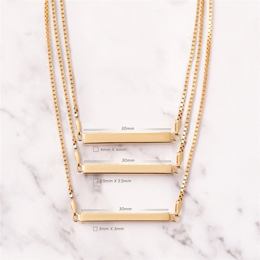 Goldstore-14K Gold Horizontal Urn 3cm Bar Box Chain Necklace, 4 Side Custom Engraved Memorial Gold Necklace, Name Date Coordinate Funeral Necklace
