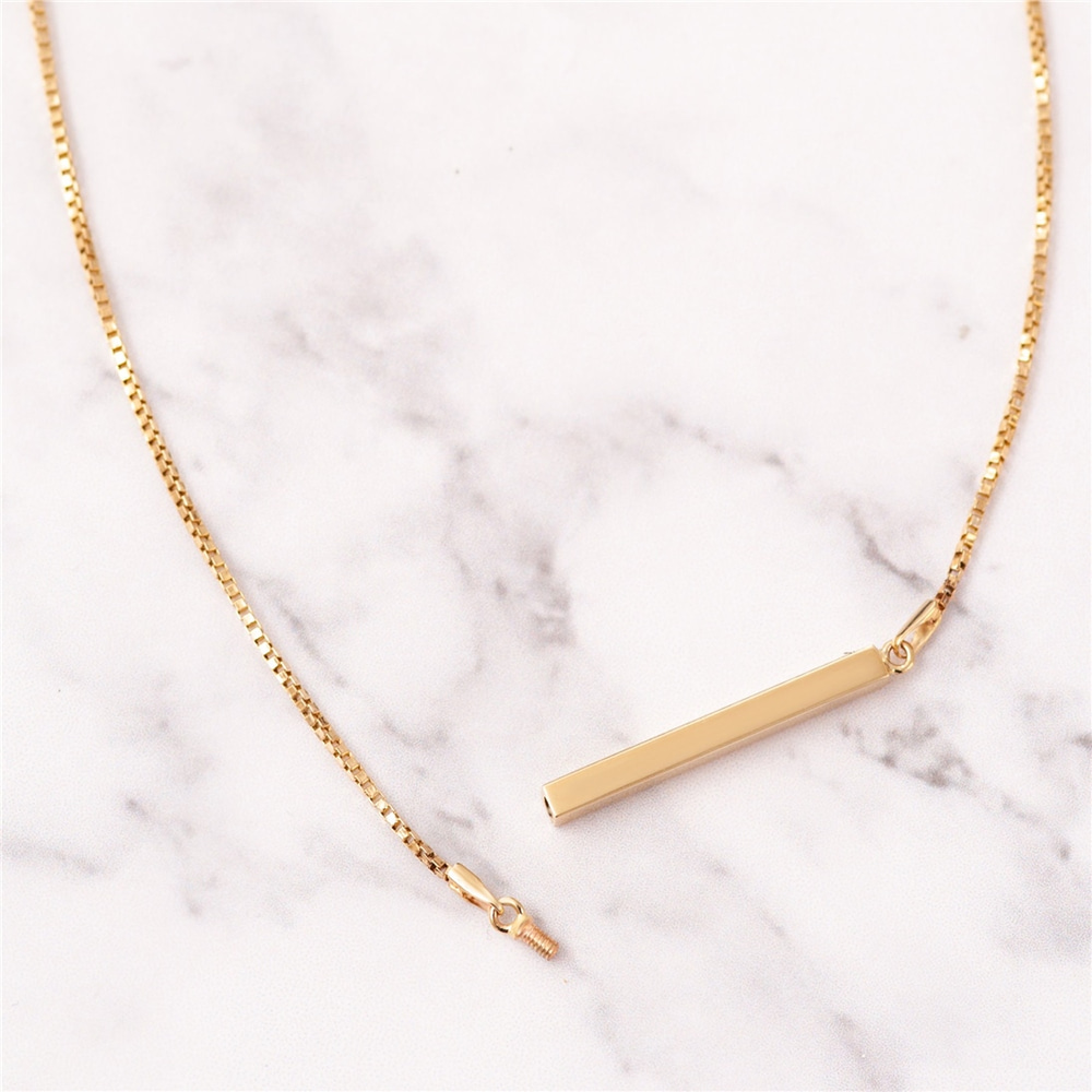 Goldstore-14K Gold Horizontal Urn 3cm Bar Box Chain Necklace, 4 Side Custom Engraved Memorial Gold Necklace, Name Date Coordinate Funeral Necklace