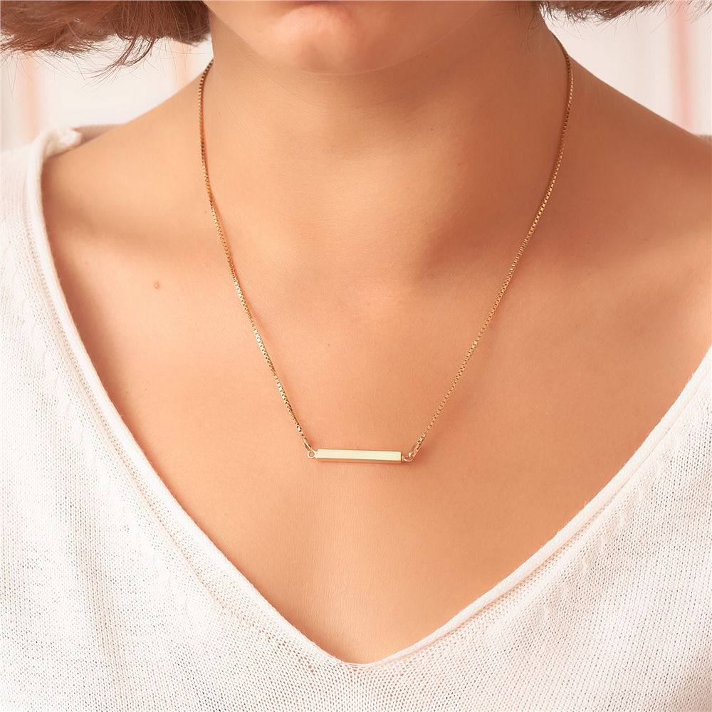 Goldstore-14K Gold Horizontal Urn 3cm Bar Box Chain Necklace, 4 Side Custom Engraved Memorial Gold Necklace, Name Date Coordinate Funeral Necklace