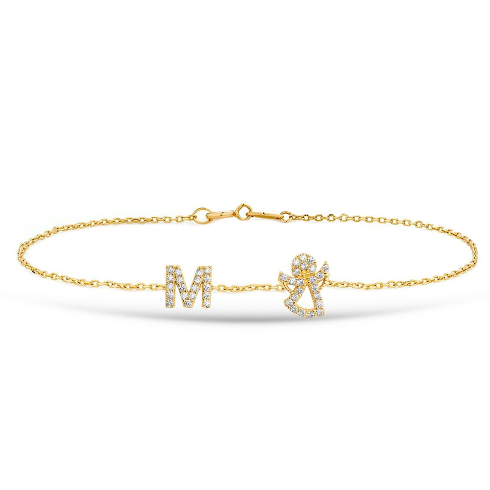 Goldstore-14k Gold Initial Angel Bracelet, Delicate Gold Chain Personalized Letter Bracelet is a Great Gift For Her. Bridesmaid Gift
