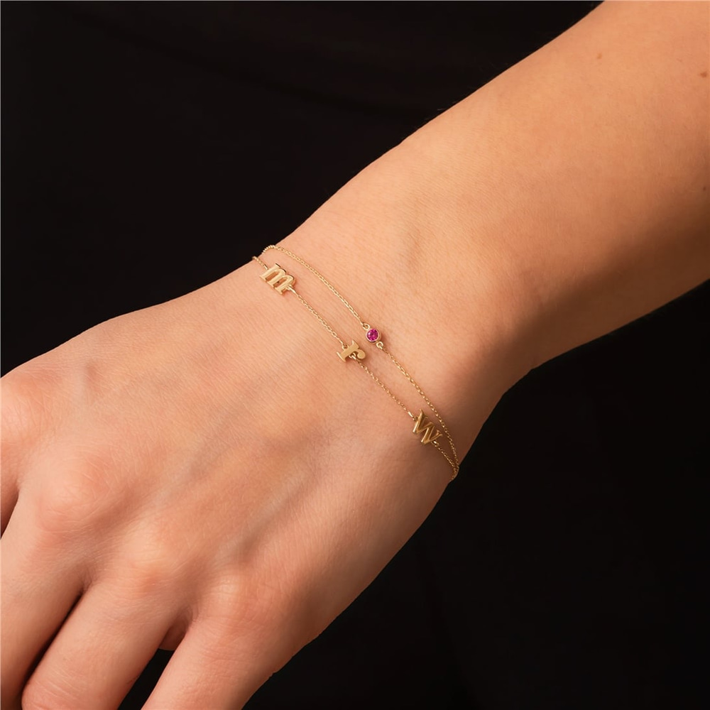Goldstore-14k Gold Letter and Birthstone Bracelet, Dainty Double Row Chain, Multiple Letters Cz Bracelet is a Great Gift For Her. Bridesmaid Gift