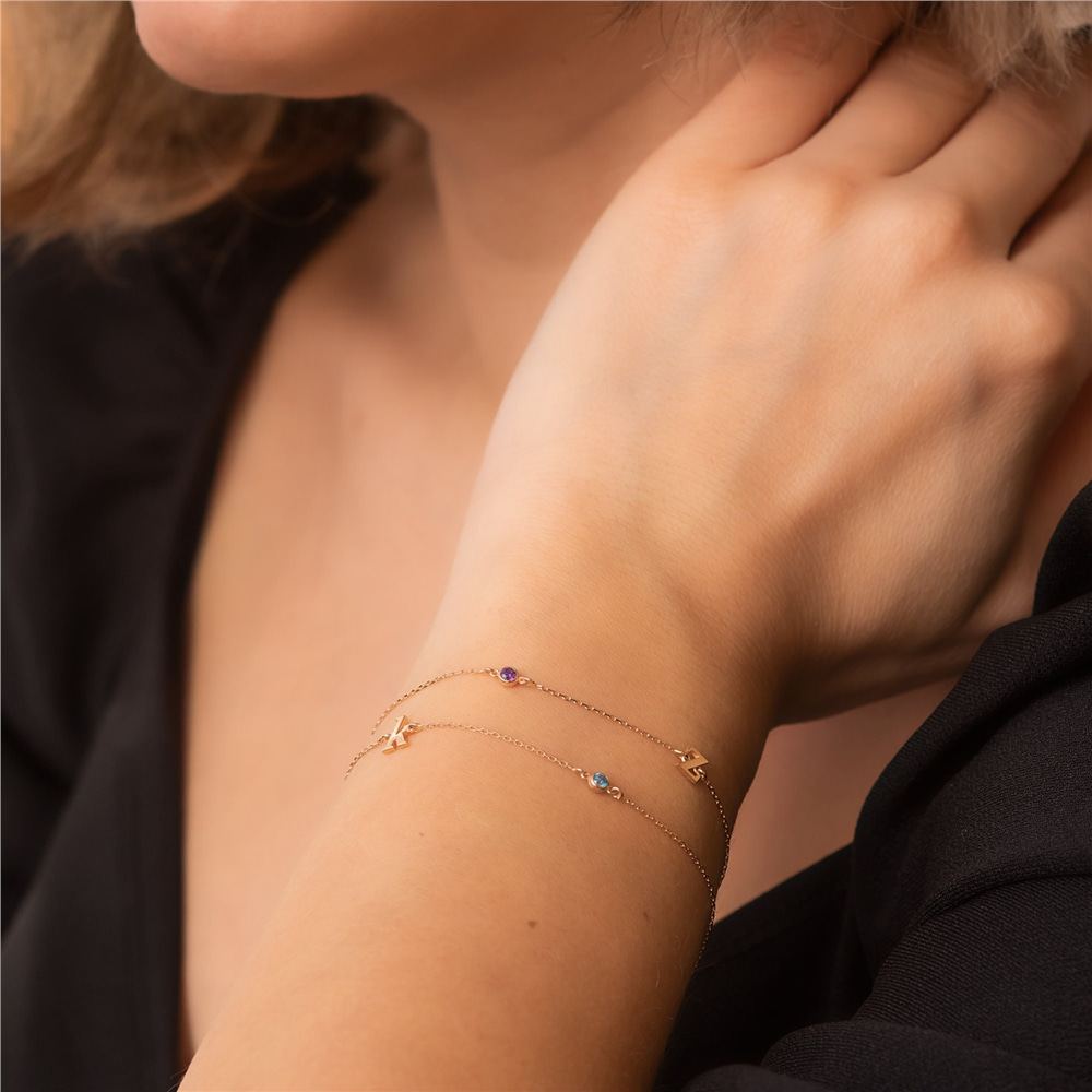 Goldstore-14k Gold Letter and Birthstone Bracelet, Dainty Double Row Chain, Multiple Letters Cz Bracelet is a Great Gift For Her. Bridesmaid Gift