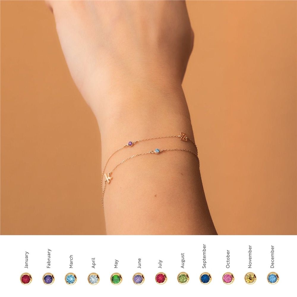 Goldstore-14k Gold Letter and Birthstone Bracelet, Dainty Double Row Chain, Multiple Letters Cz Bracelet is a Great Gift For Her. Bridesmaid Gift