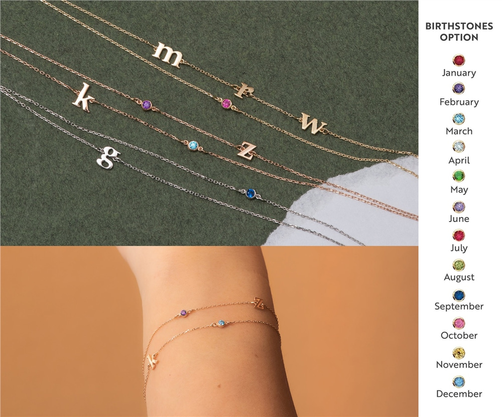 Goldstore-14k Gold Letter and Birthstone Bracelet, Dainty Double Row Chain, Multiple Letters Cz Bracelet is a Great Gift For Her. Bridesmaid Gift