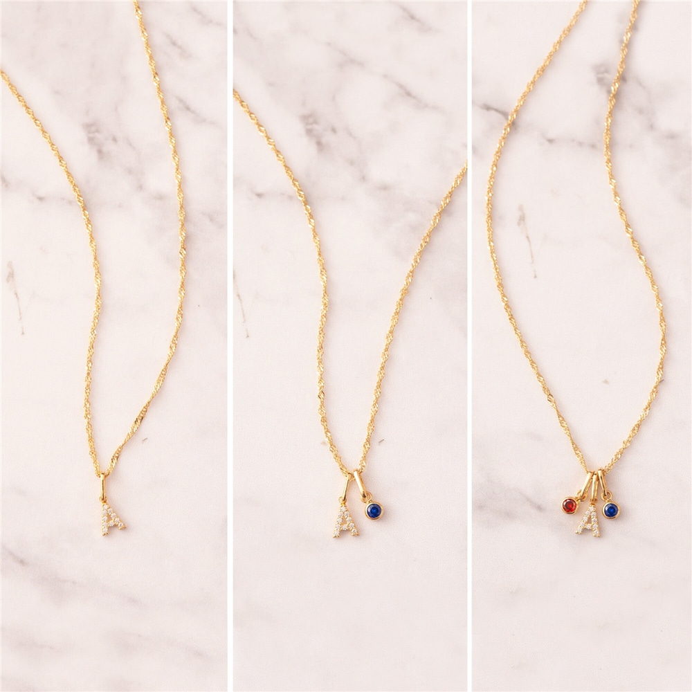 Goldstore-14k Gold Letter Birthstone Charm Necklace,  Singapore Chain Gold Necklace, Dainty Personalized Custom Initial Gold Twist Chain Necklace Gift