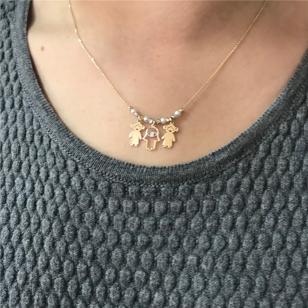 Goldstore-14k Gold Mother’s Necklace with Engraved Children and Hamsa Charms, Personalized Family Gold Name Necklace With Fatima Hand, Pearl Necklace