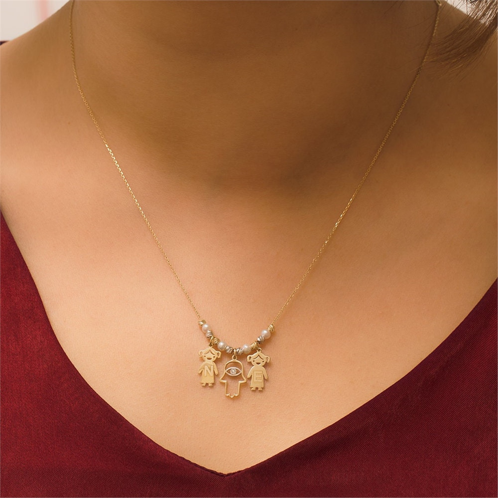 Goldstore-14k Gold Mother’s Necklace with Engraved Children and Hamsa Charms, Personalized Family Gold Name Necklace With Fatima Hand, Pearl Necklace