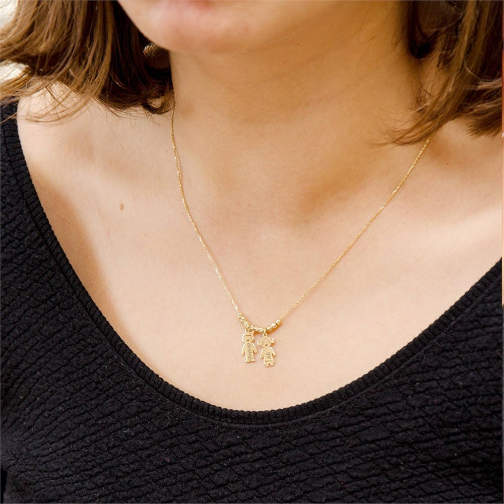 Goldstore-14k Gold Mother’s Necklace with Engraved Children Charms, Personalized Family Name Necklace With boy/girl Charms, Mom Kids Gold Charms.