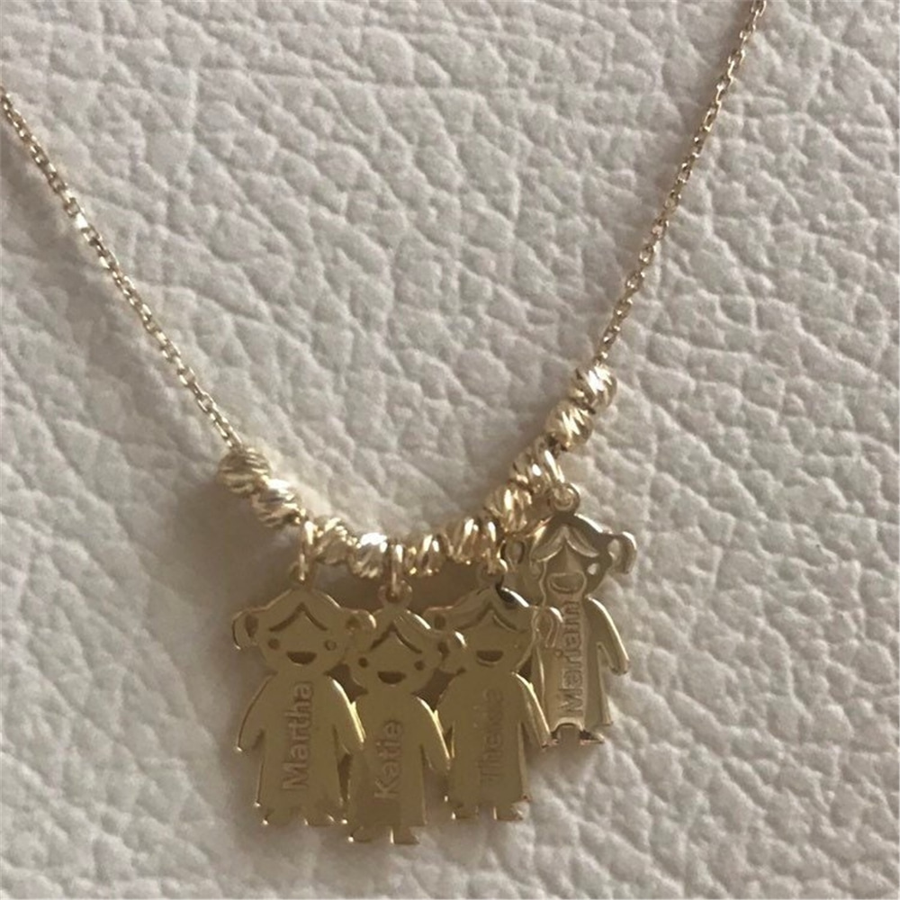 Goldstore-14k Gold Mother’s Necklace with Engraved Children Charms, Personalized Family Name Necklace With boy/girl Charms, Mom Kids Gold Charms.
